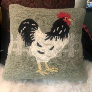 28” Green Rooster Wool hand Hooked Pillow-rare